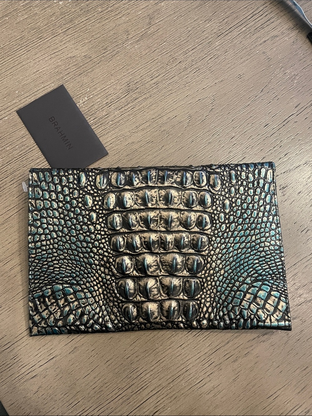 Brahmin Metallic Teal and Black Croc-Embossed Envelope Clutch - Picture 4 of 4